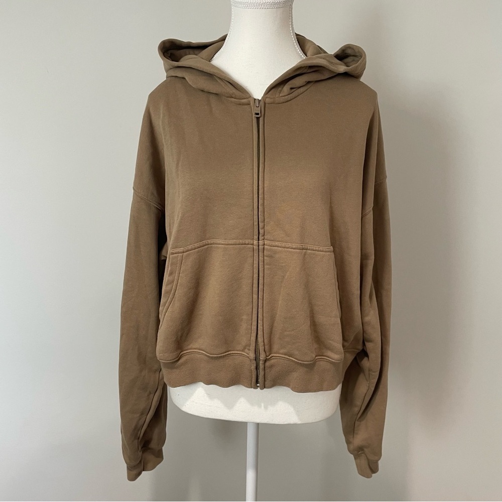 Aritzia TNA Airy Fleece Boyfriend Full Zip Tan Sweatshirt Hoodie Size Large